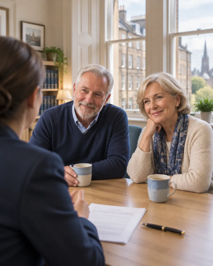 A couple discussing their will with a solicitor in a Glasgow office
