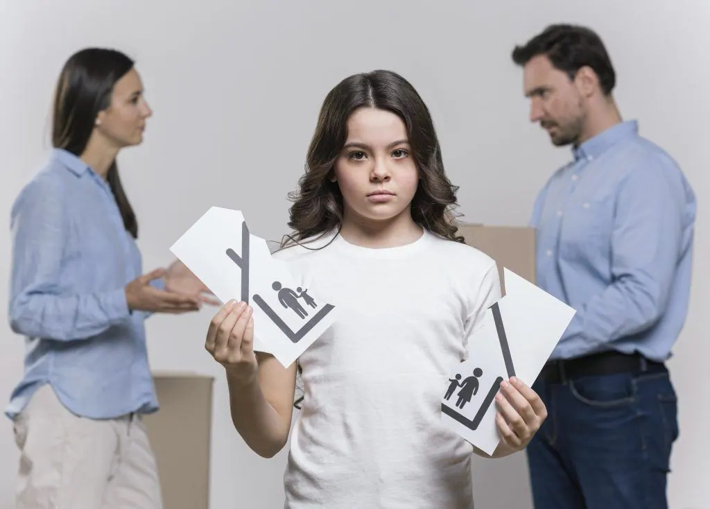 Portrait sad girl with parents arguing